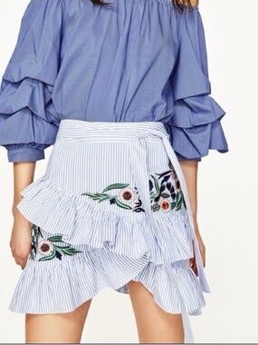 Zara Blue and White Striped Ruffle Wrap Skirt with Floral Embroidery